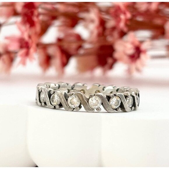 Sterling Silver Round Cut Row Set Wavy Style Modernist Vintage Ring - sz 6.75 - Picture 1 of 10